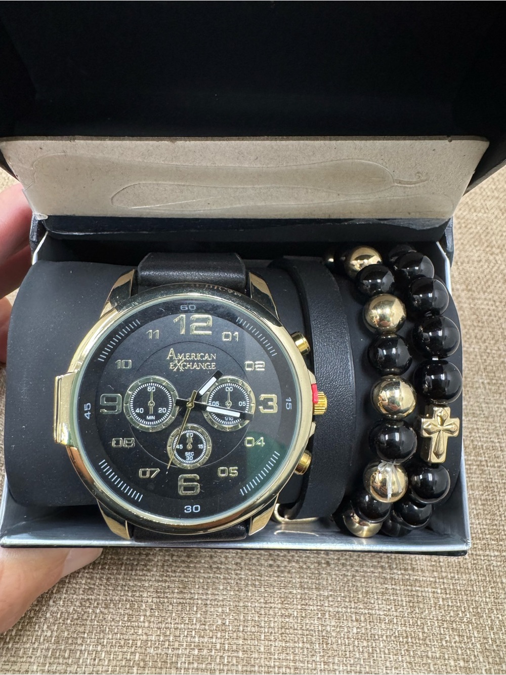 American Exchange Men's Chronograph Analog Watch Gold Tone Black Dial Box